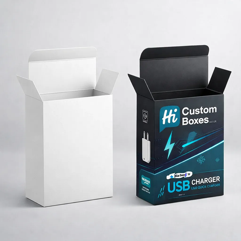 Two tall cardboard tuck-end boxes, one plain white and one black branded for USB chargers. class=